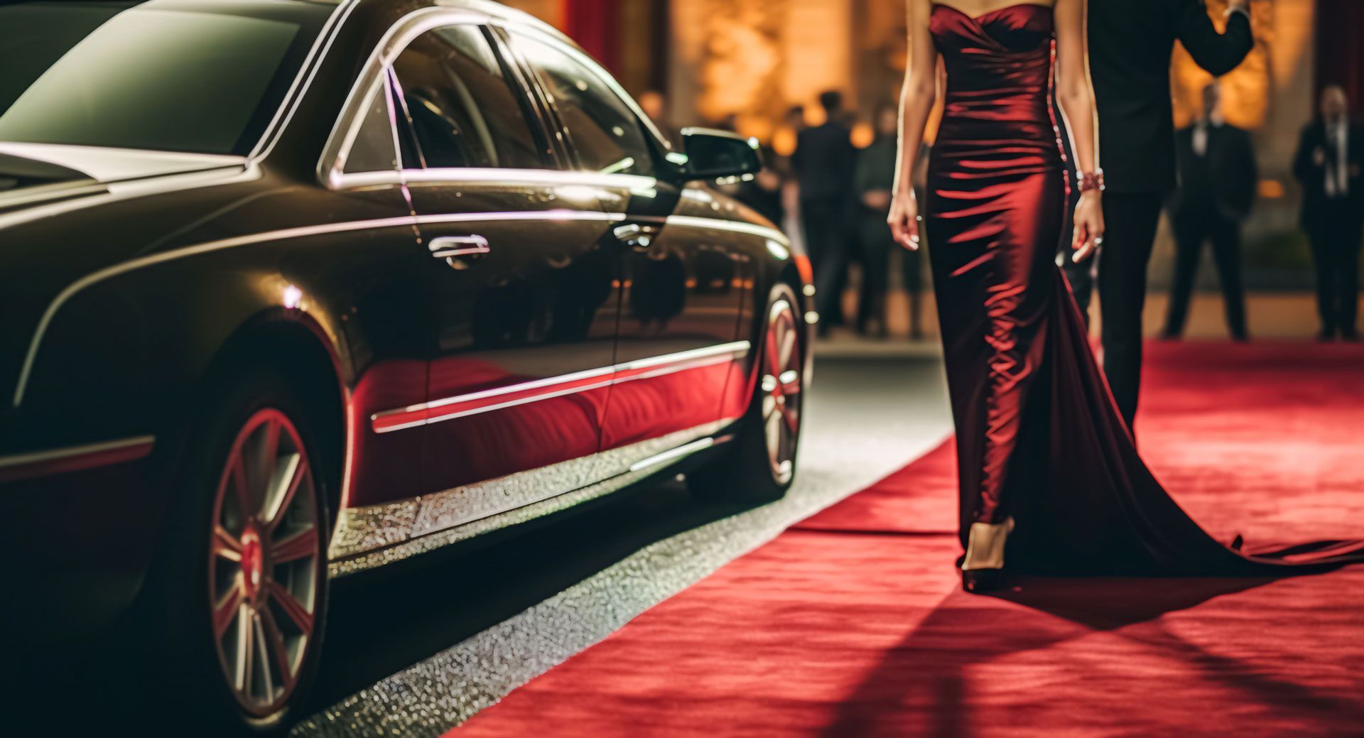 Black luxury car parked beside a red carpet at a nighttime event, with a woman in a long gown standing nearby