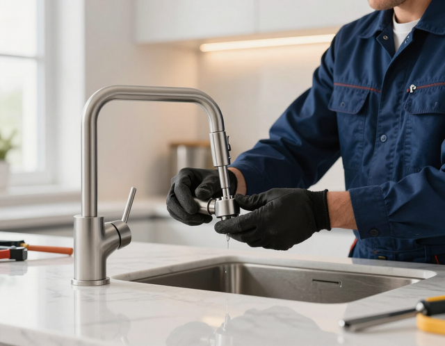 Plumber in blue workwear fixing a kitchen faucet over a stainless steel sink