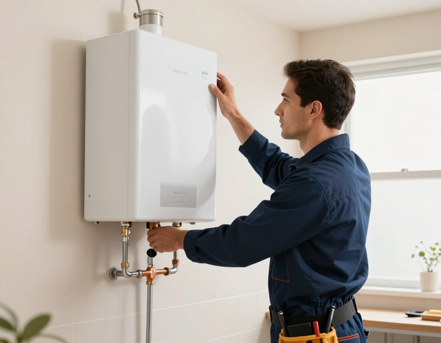Technician adjusting a wall-mounted boiler in a bright kitchen.