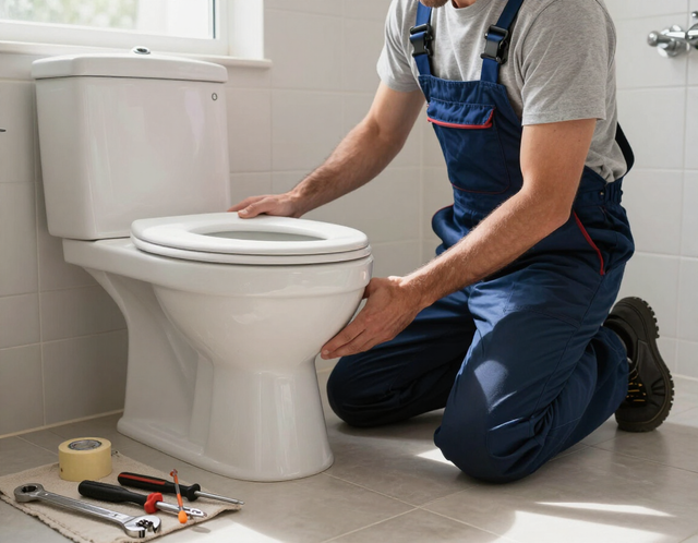 Plumber kneeling beside a toilet, adjusting it in a bright bathroom with tools on the floor