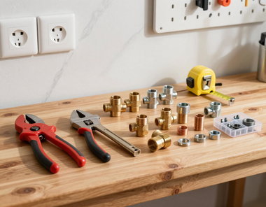 Plumbing tools and brass fittings on a wooden workbench beside a tape measure and wall outlets