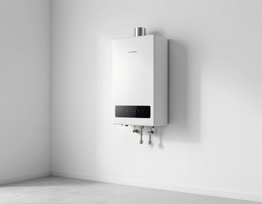 White wall-mounted boiler in a bright empty room, with pipes and controls visible below.