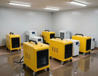 Several yellow and white portable generators in a wet indoor room
