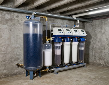 Water filtration system with blue tank and multiple white filter canisters in a concrete basement