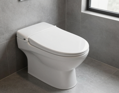 Modern white toilet in a gray-tiled bathroom corner near a window
