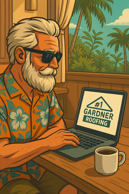 A man in sunglasses and floral shirt works on a laptop with 