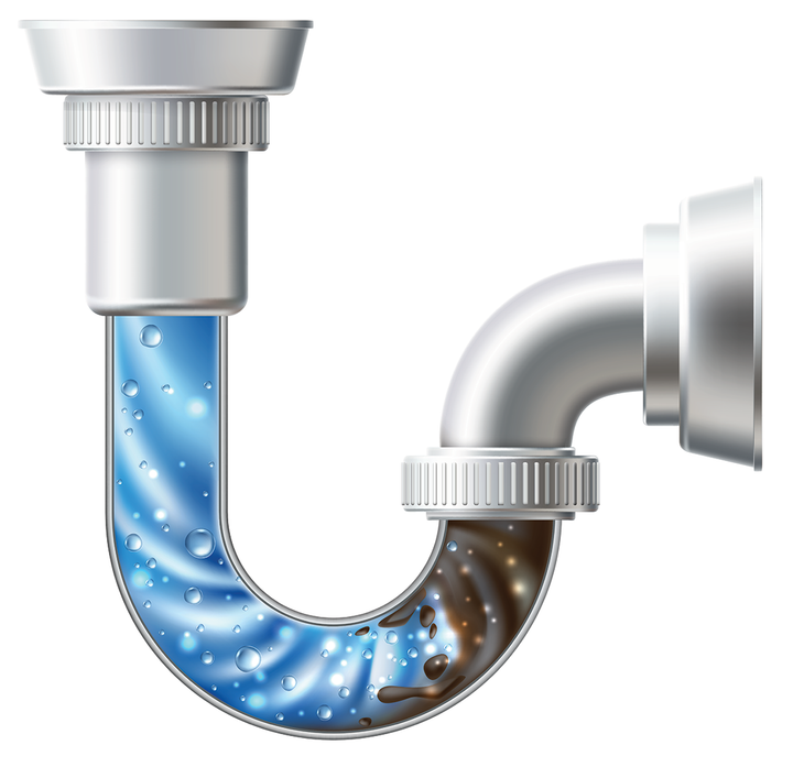Sectional plumbing trap with clean water above and dirty water with debris below.