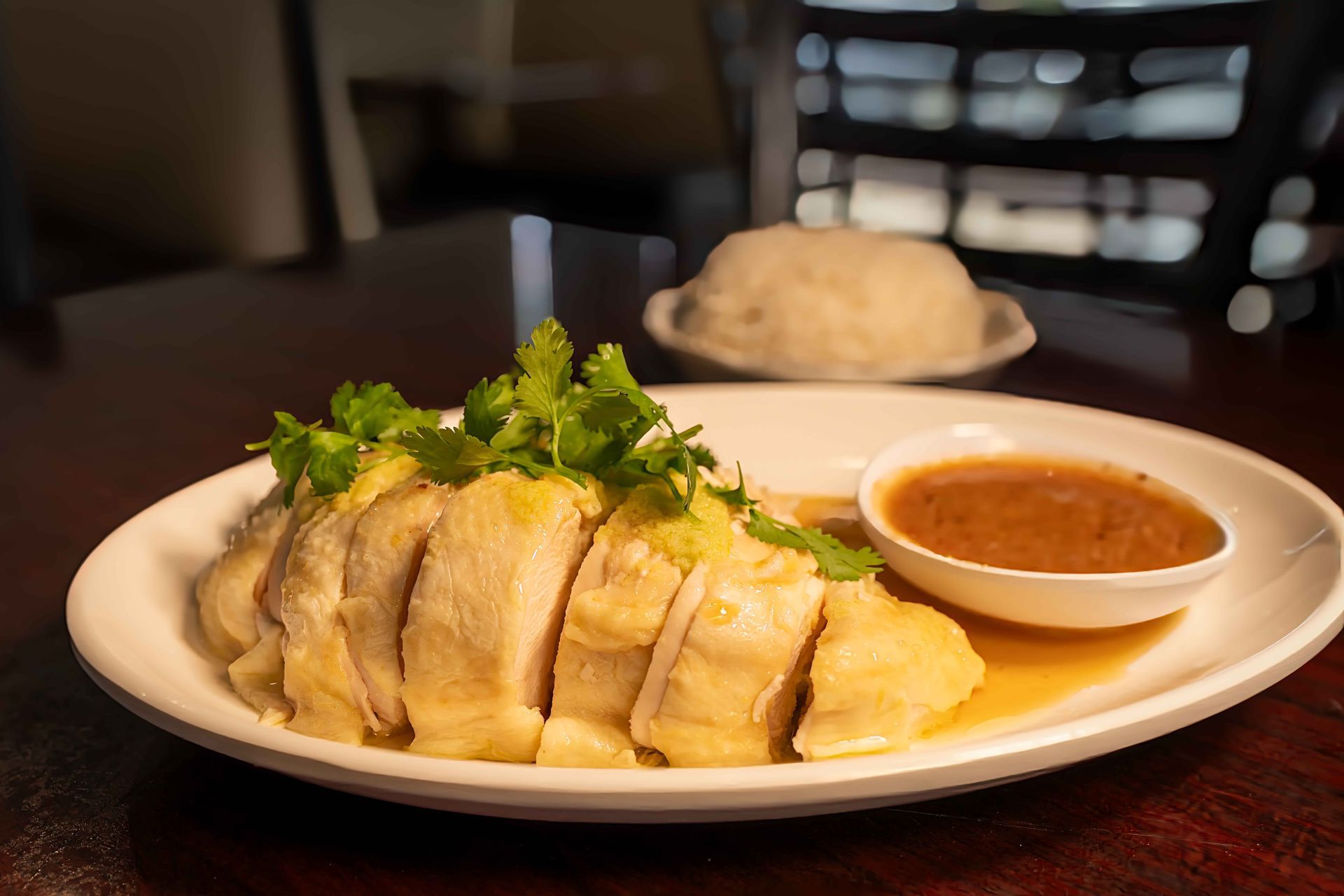 Plated sliced chicken with greens, rice, and dipping sauce on a restaurant table