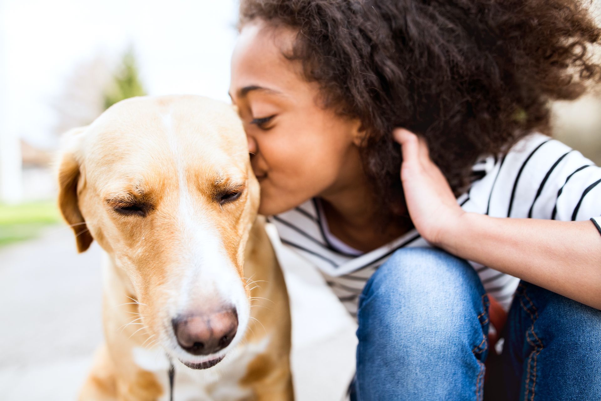 Girl kissing a tan dog outdoors. Girl's face is turned towards the dog, closed eyes. Dog has brown nose and closed eyes.