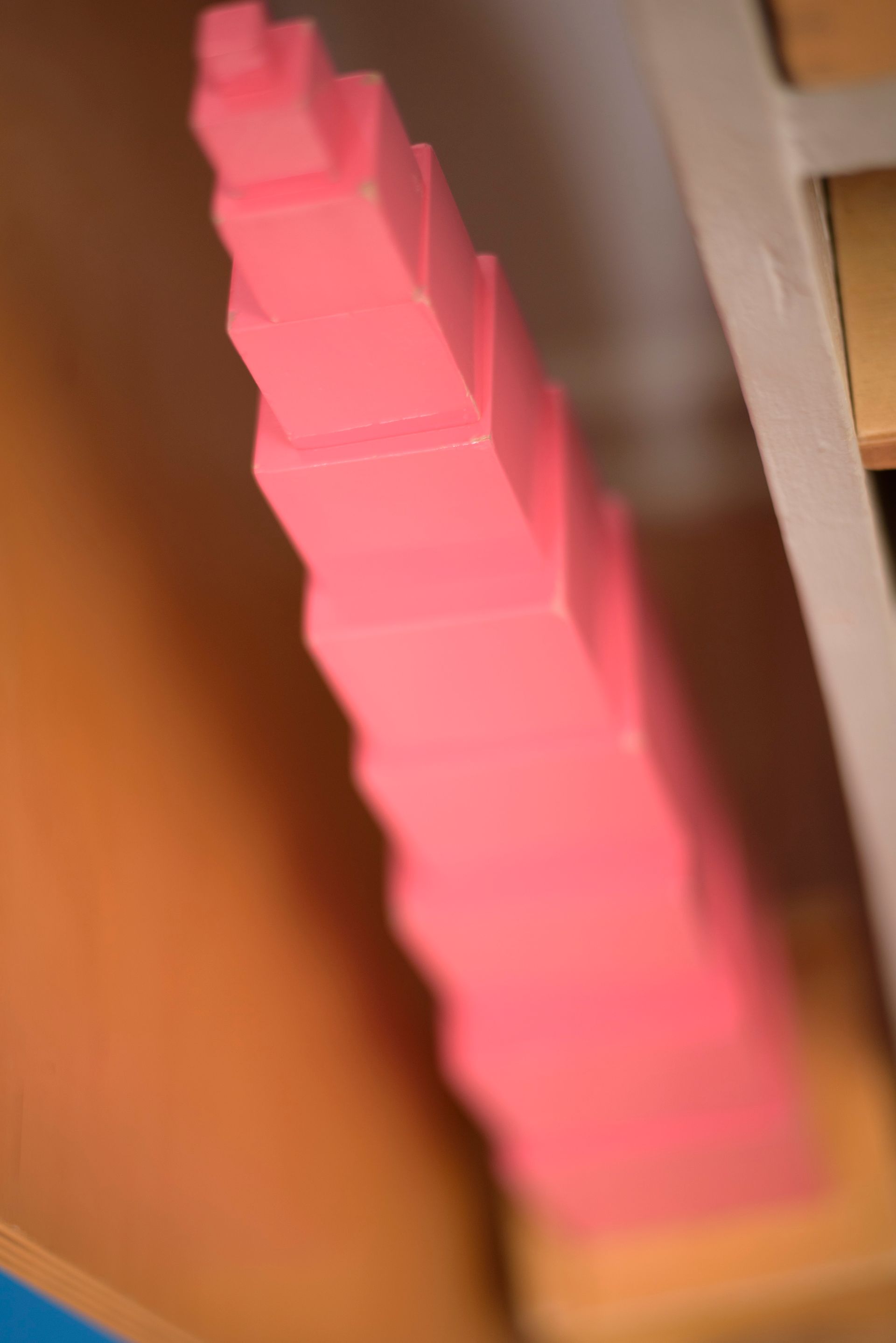 The Montessori Pink Tower in an early childhood environment.