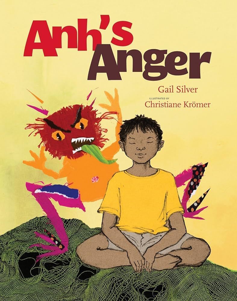 Anh sits calmly, eyes closed, with a red anger monster behind him.