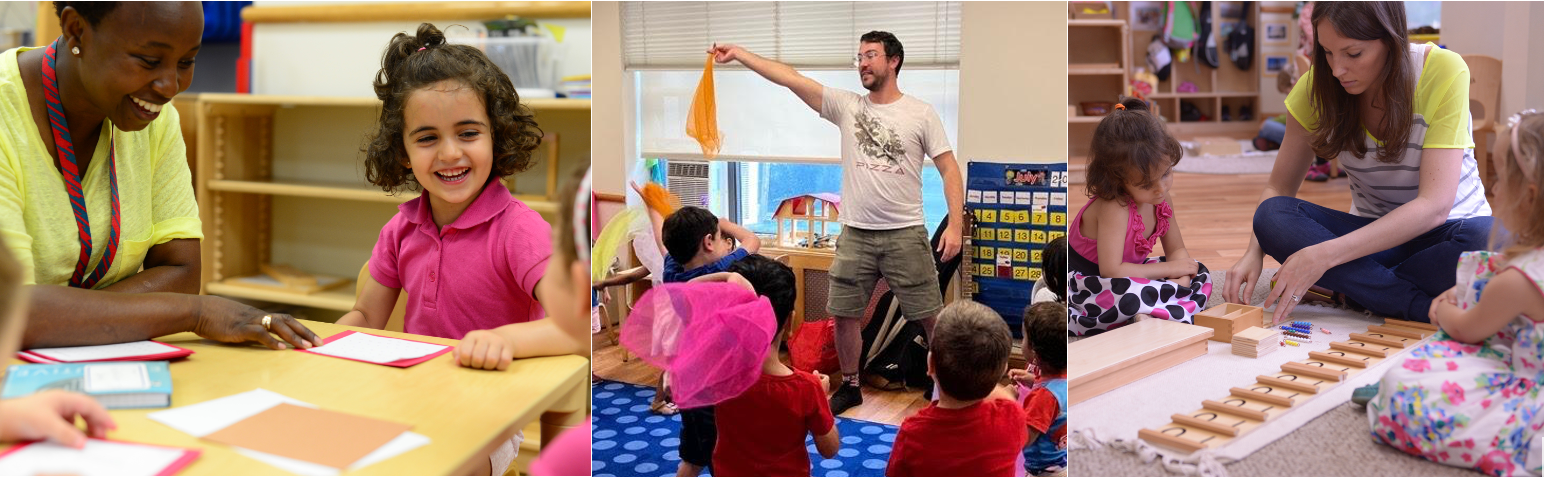 Montessori children in classrooms interacting with teachers.