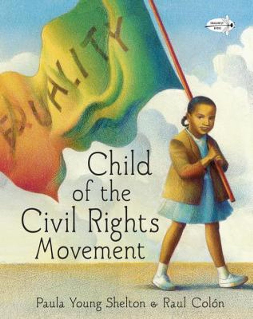 Girl holding an “Equality” flag, walking forward. Civil Rights book cover.