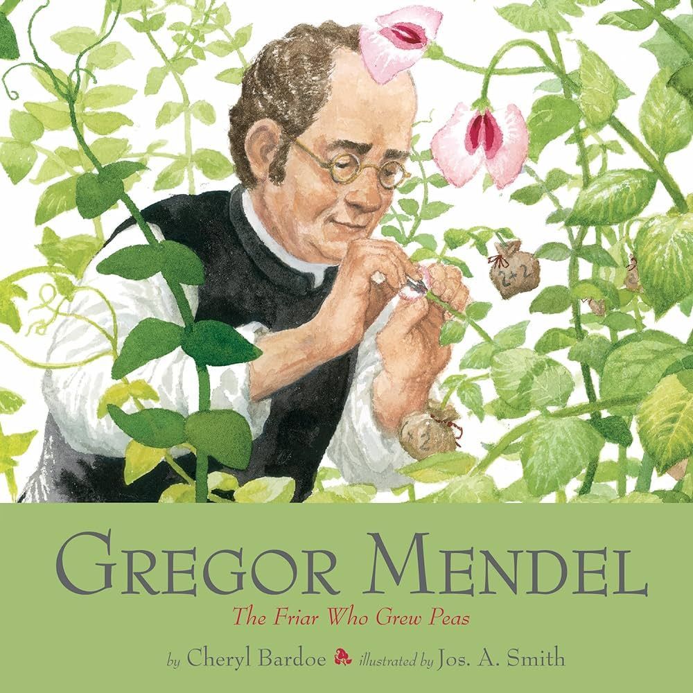 Gregor Mendel examining pea plants, surrounded by green leaves and pink flowers.