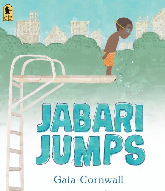 Boy in orange trunks on diving board, ready to jump into a pool. City skyline in the background.