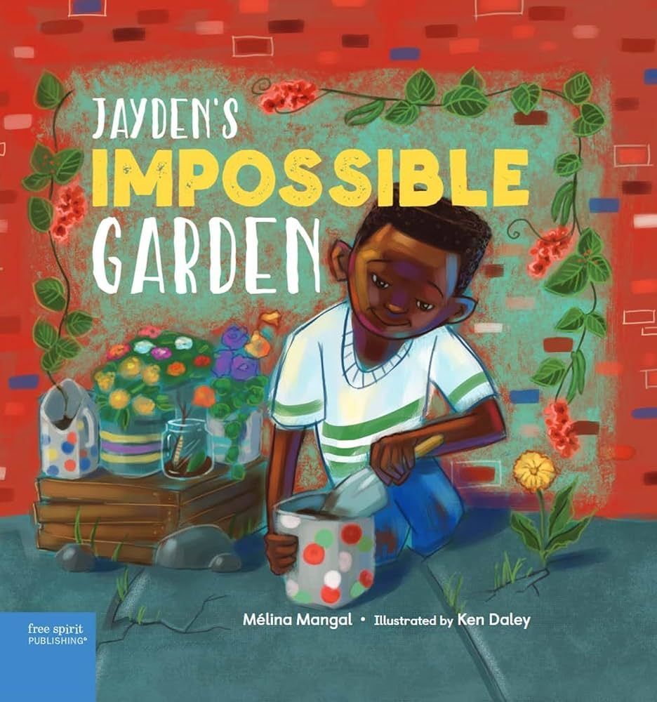 A young Black boy tending a garden, smiling. Title: Jayden's Impossible Garden. Brick wall background.