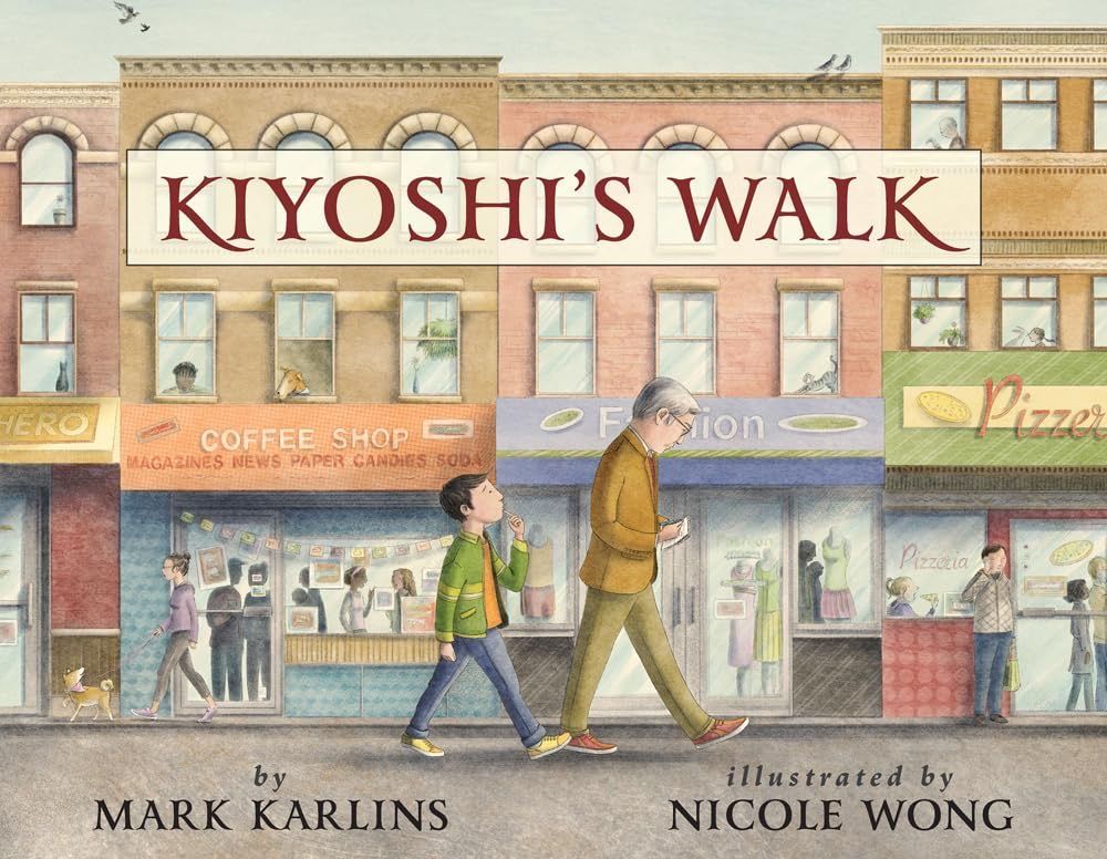Kiyoshi and his grandfather walking on a city sidewalk past shops.