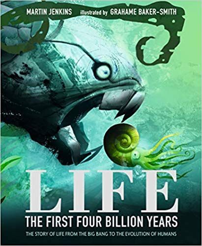 Book cover: An armored fish creature with large teeth threatens a small snail. The title is