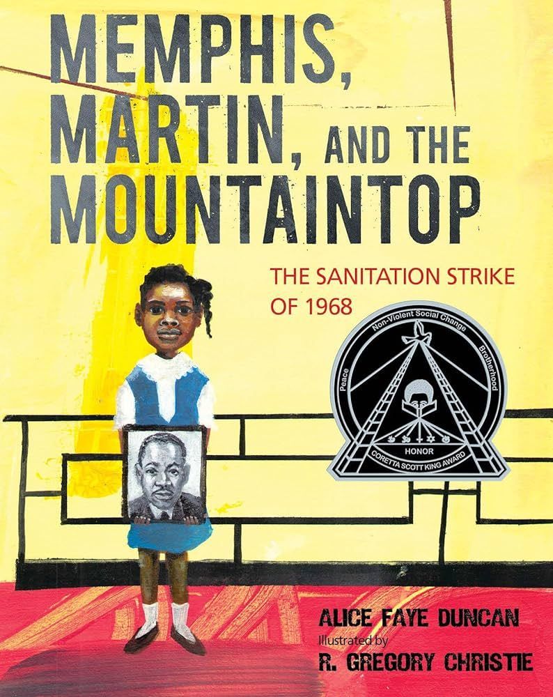 Book cover: A girl holds a photo of Martin Luther King Jr. against a backdrop of yellow and red. Text: 