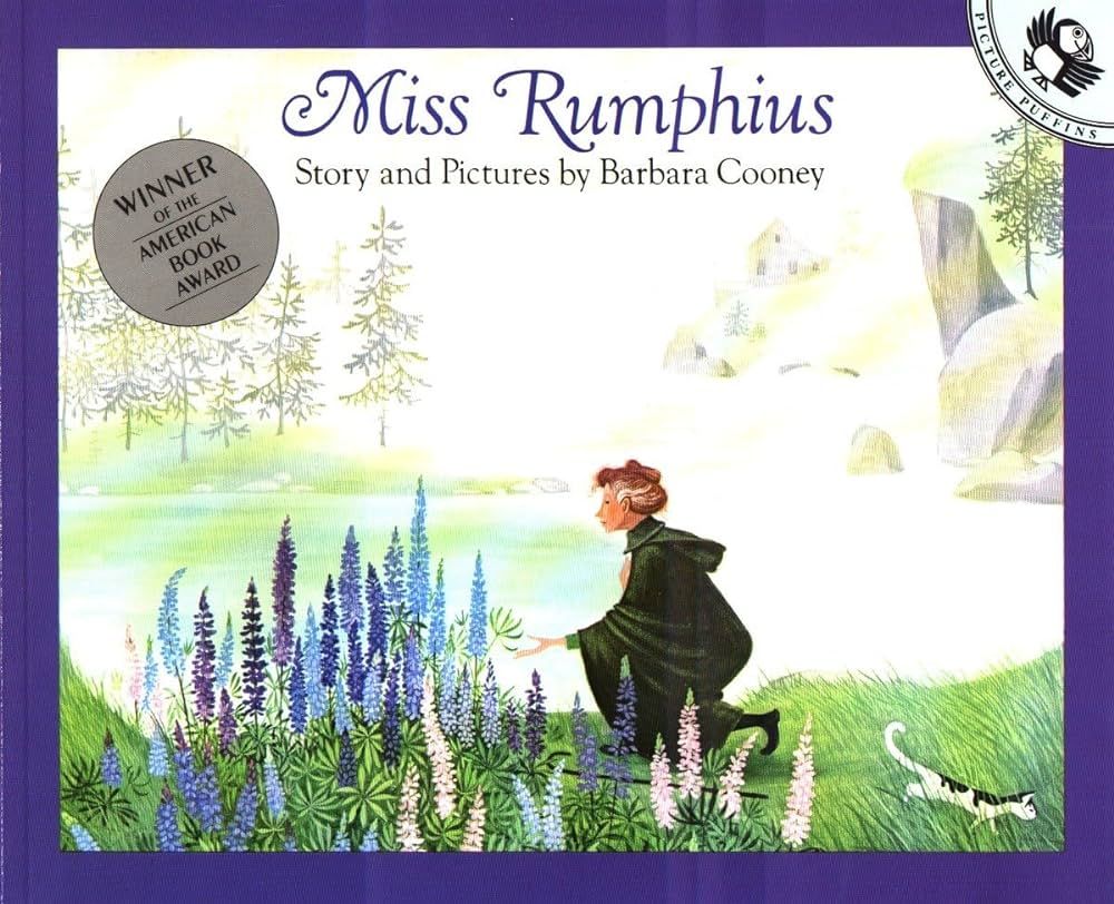 Miss Rumphius kneeling, scattering lupine seeds by a field of purple flowers. Green landscape.
