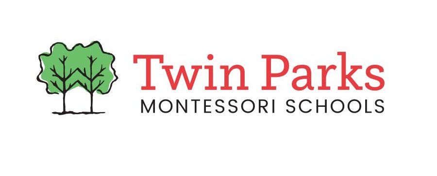 Logo of Twin Parks Montessori Schools with two green trees next to the name in red.
