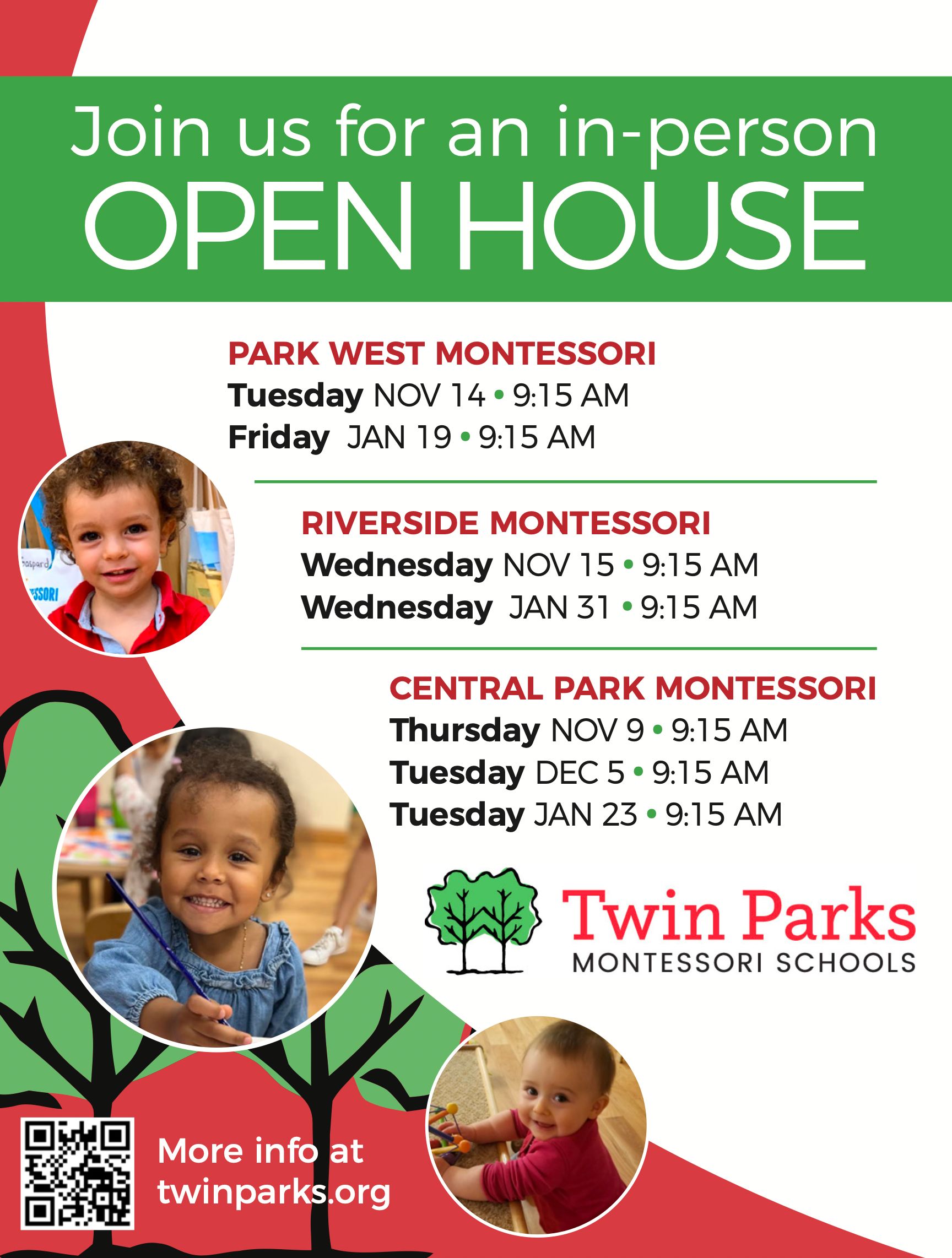Flyer for Twin Parks Montessori schools open house with dates/times for three locations and children's photos.