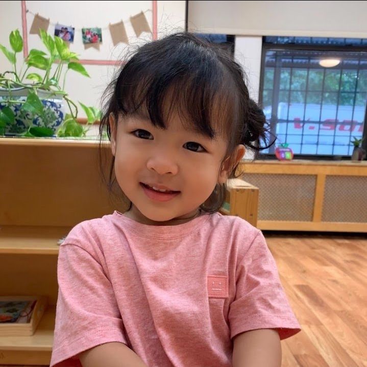 A little girl in a pink shirt is smiling for the camera
