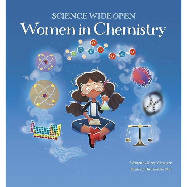 Book cover with a girl in lab goggles, surrounded by science symbols, titled 