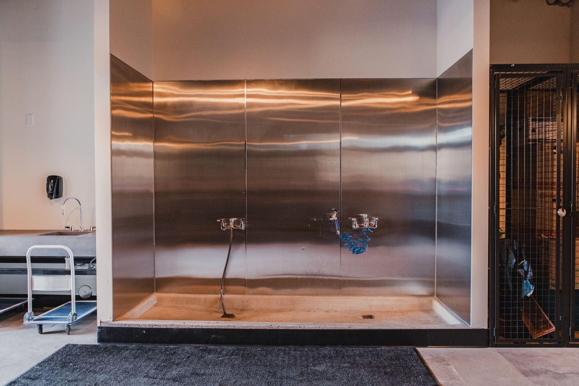 Dog wash station with stainless steel walls, a hose, and a drain. A black mat sits on the floor at Zenith Apartments in Duluth, MN.