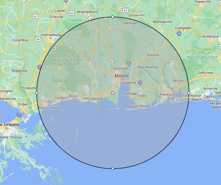Map of the Gulf Coast with a circle overlaid, centered on Mobile, Alabama.