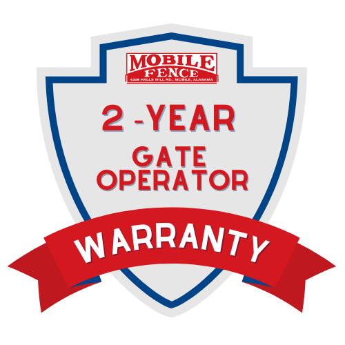 Badge: 2-year gate operator warranty from Mobile Fence. Red ribbon with the word