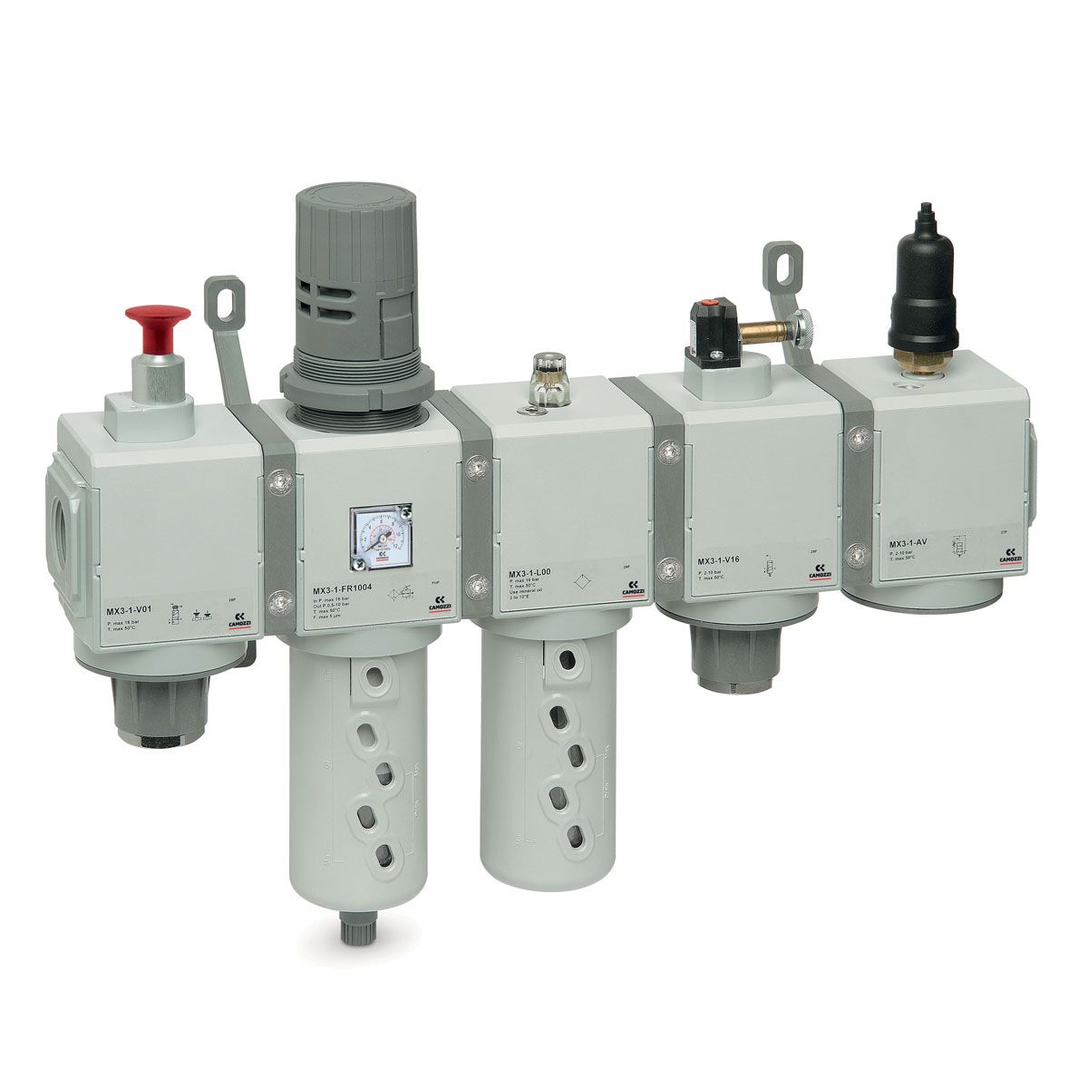 Air preparation unit with multiple filters, a regulator, and a lubricator. 