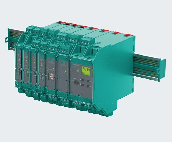 control modules mounted on a DIN rail.