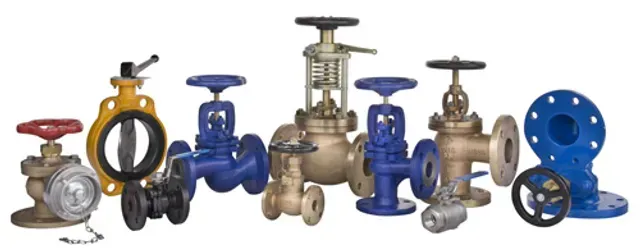 Various valves in different sizes and colors, arranged in a line.