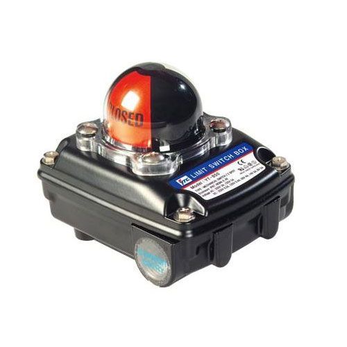 Black and red limit switch box with a rotating light on top.
