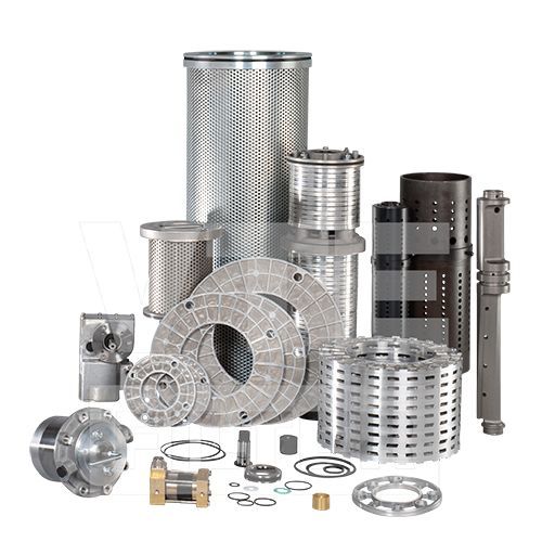 Various metallic industrial machine parts, including filters and circular components.