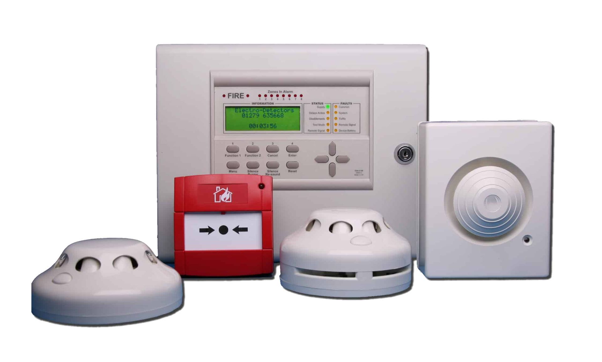 Fire alarm system components: control panel, smoke detectors, manual pull station, and sounder.