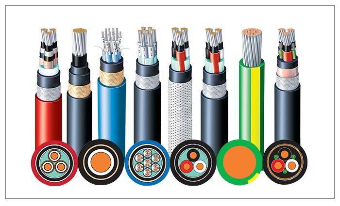 Cross-section view of several electrical cables with various internal wiring arrangements and colored insulation.