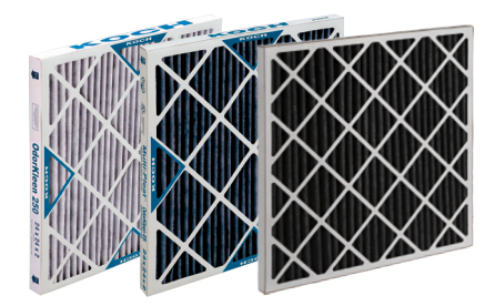 Three different types of air filters are stacked on top of each other on a white background.