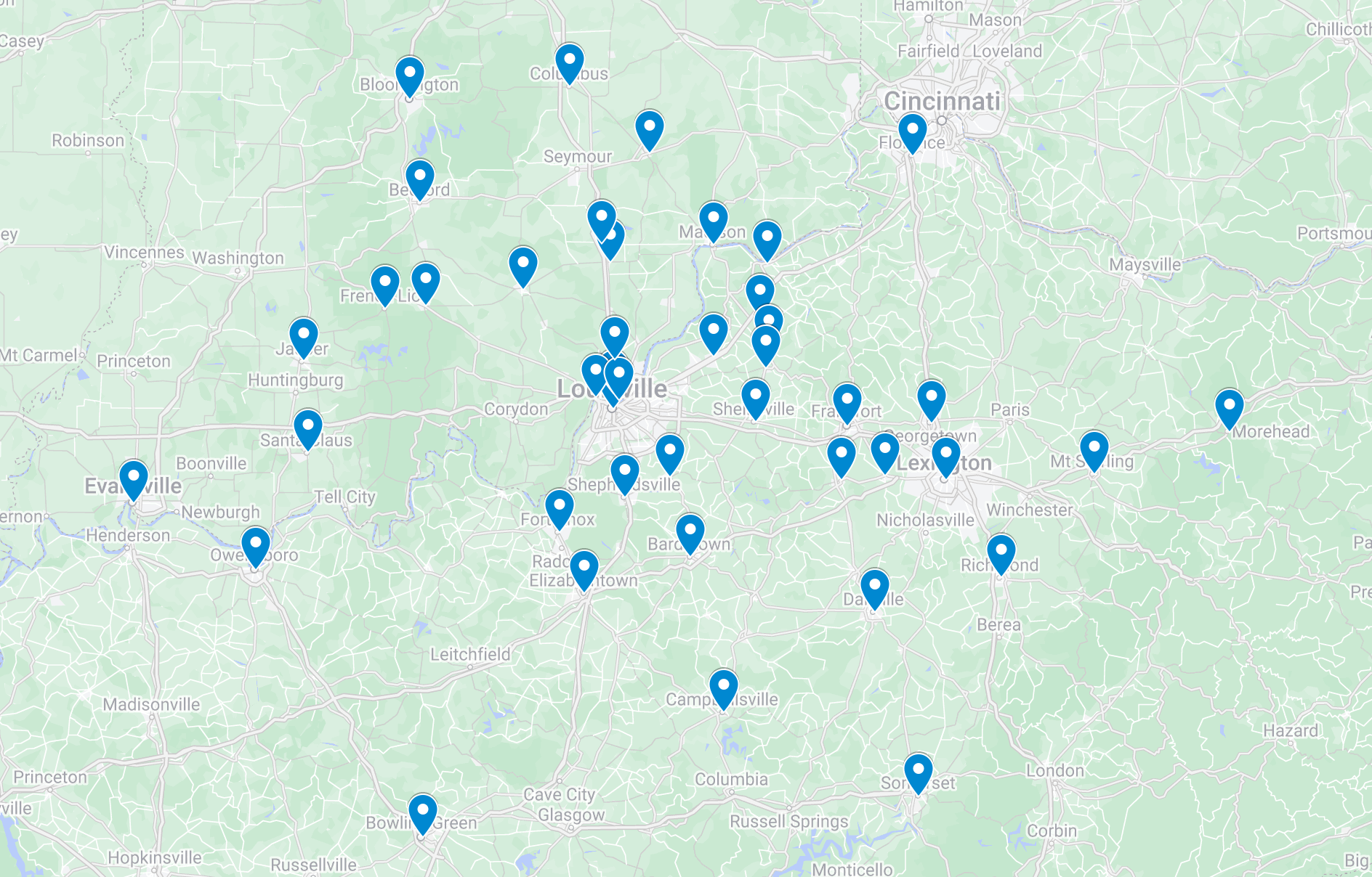 A map with a lot of blue pins on it.