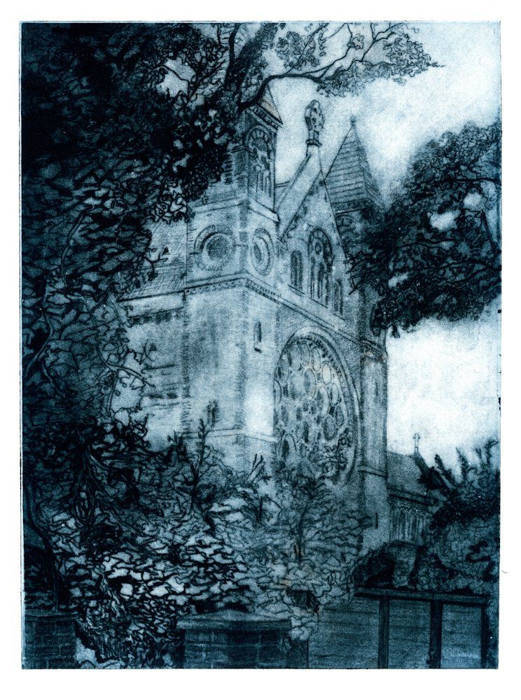 Gothic church framed by trees in a shaded blue and white etching.