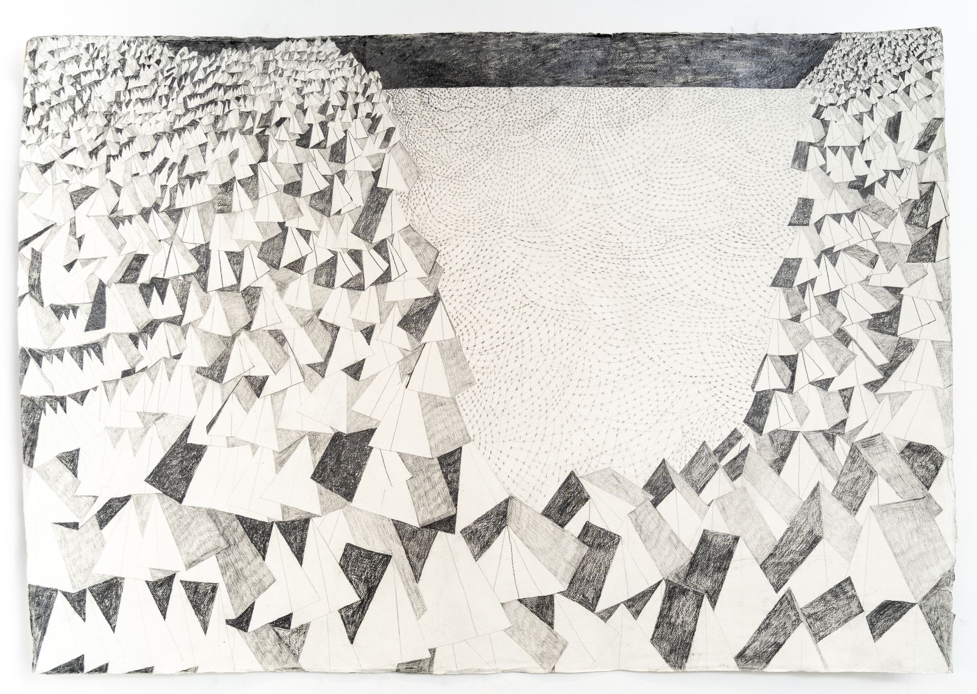 Abstract black and white drawing: Geometric shapes form a landscape, framing a bright, textured central space.