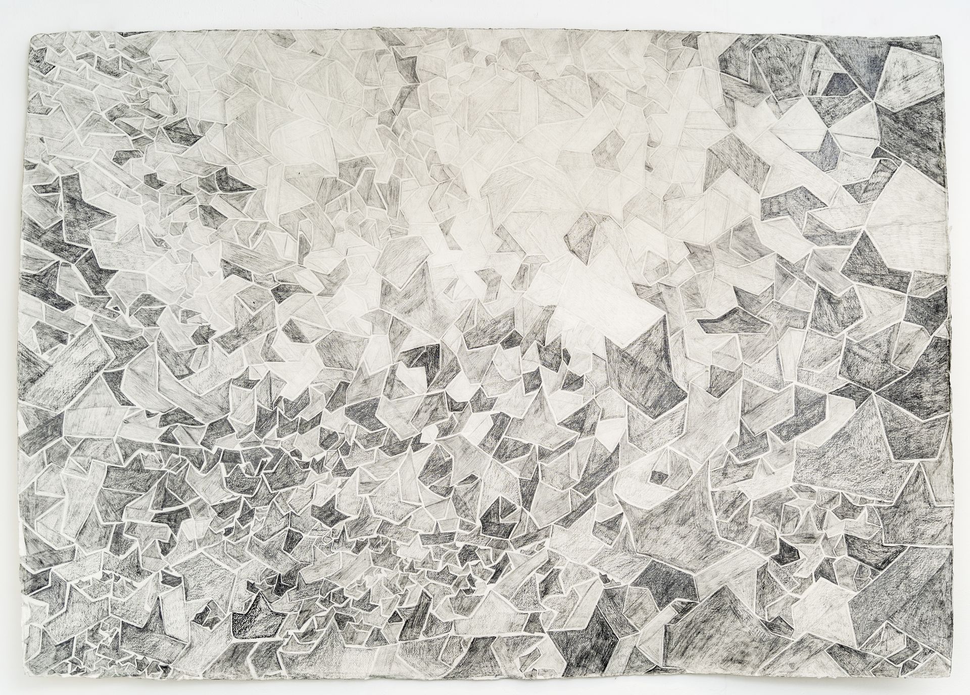 Abstract monochrome artwork with overlapping geometric shapes, like falling leaves.