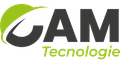 Logo CAM Tecnologie con testo nero e una voluta a forma di foglia verde.