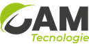 Logo CAM Tecnologie con testo nero e una voluta a forma di foglia verde.