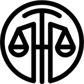Black circular logo with stylized scales and vertical letters in the center