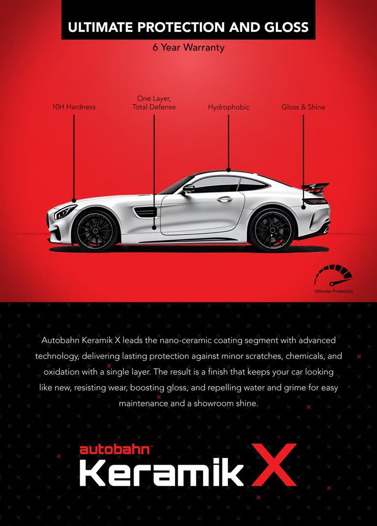 Red promo poster for Keramik X automotive coating, featuring a silver sports car and bold black-and-white text. Red promo poster for Keramik X automotive coating, featuring a silver sports car and bold black-and-white text.