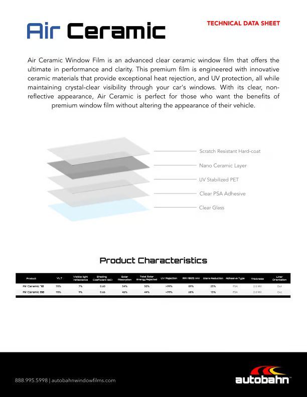 Air Ceramic technical datasheet with layered glass diagram and product characteristics table
