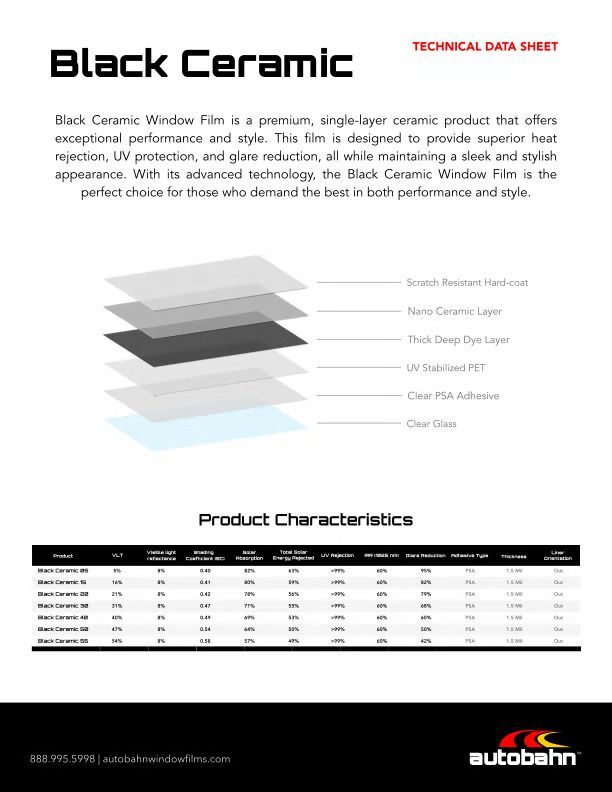 Black ceramic flooring product sheet with layered diagrams and a specifications table