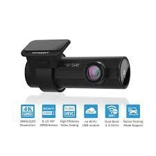 Black 4K security dash camera with app icons and feature badges below